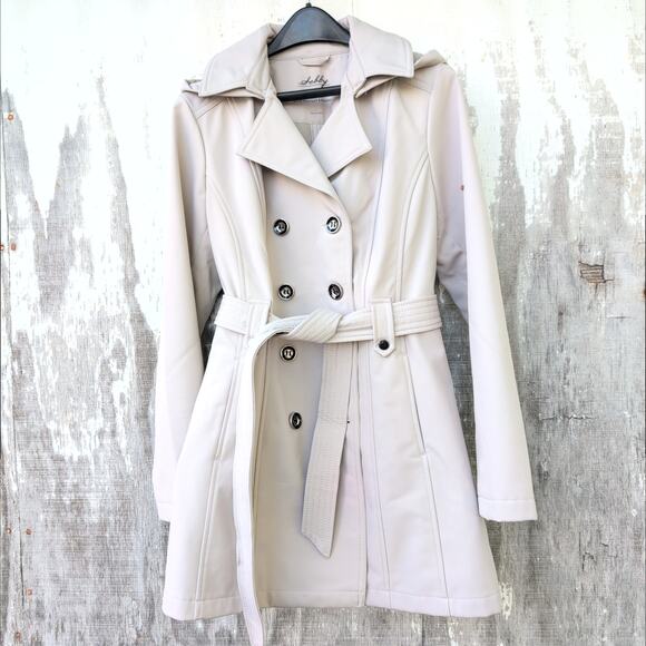 Sebby Double Breasted Cream SoftShell Trench Coat Detachable Hood Women's Large - Picture 1 of 10